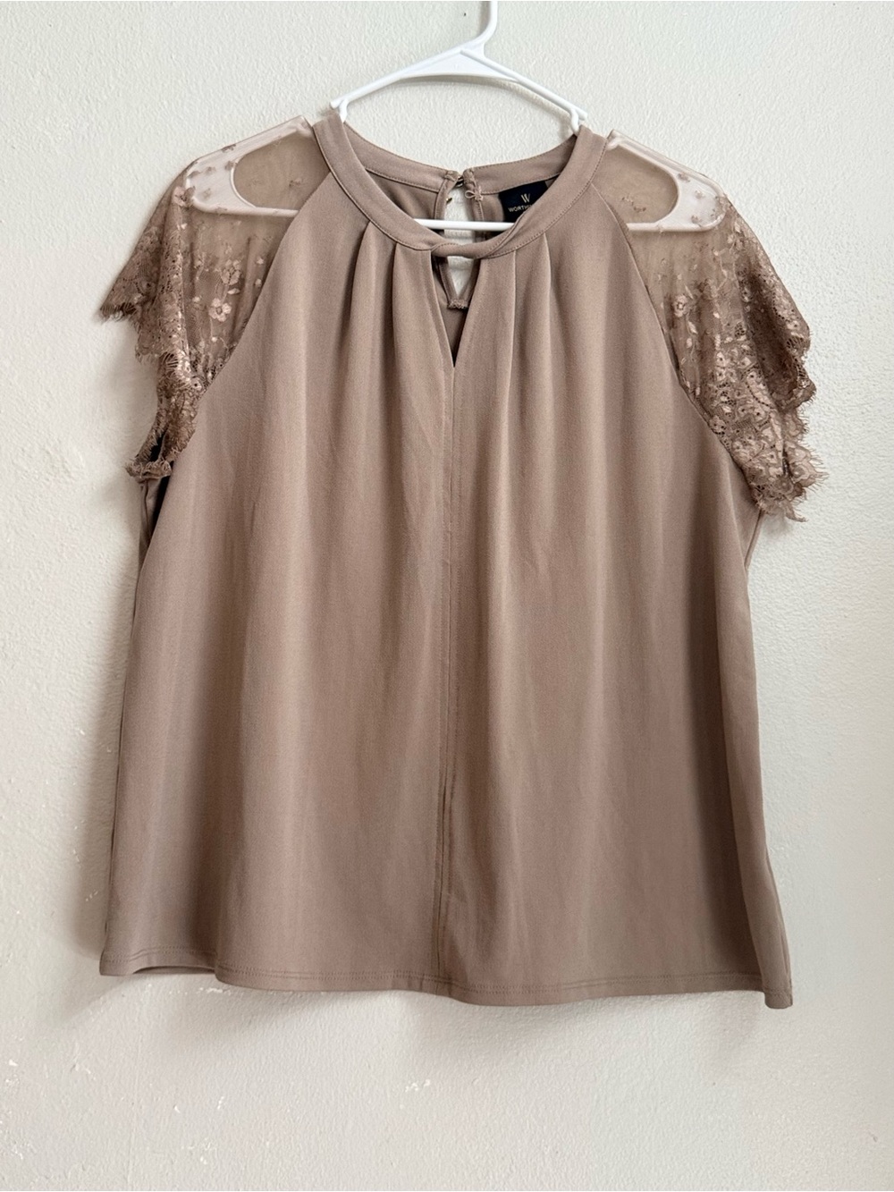Worthington Petite PXXL Taupe Keyhole Blouse Lace Sleeve Top